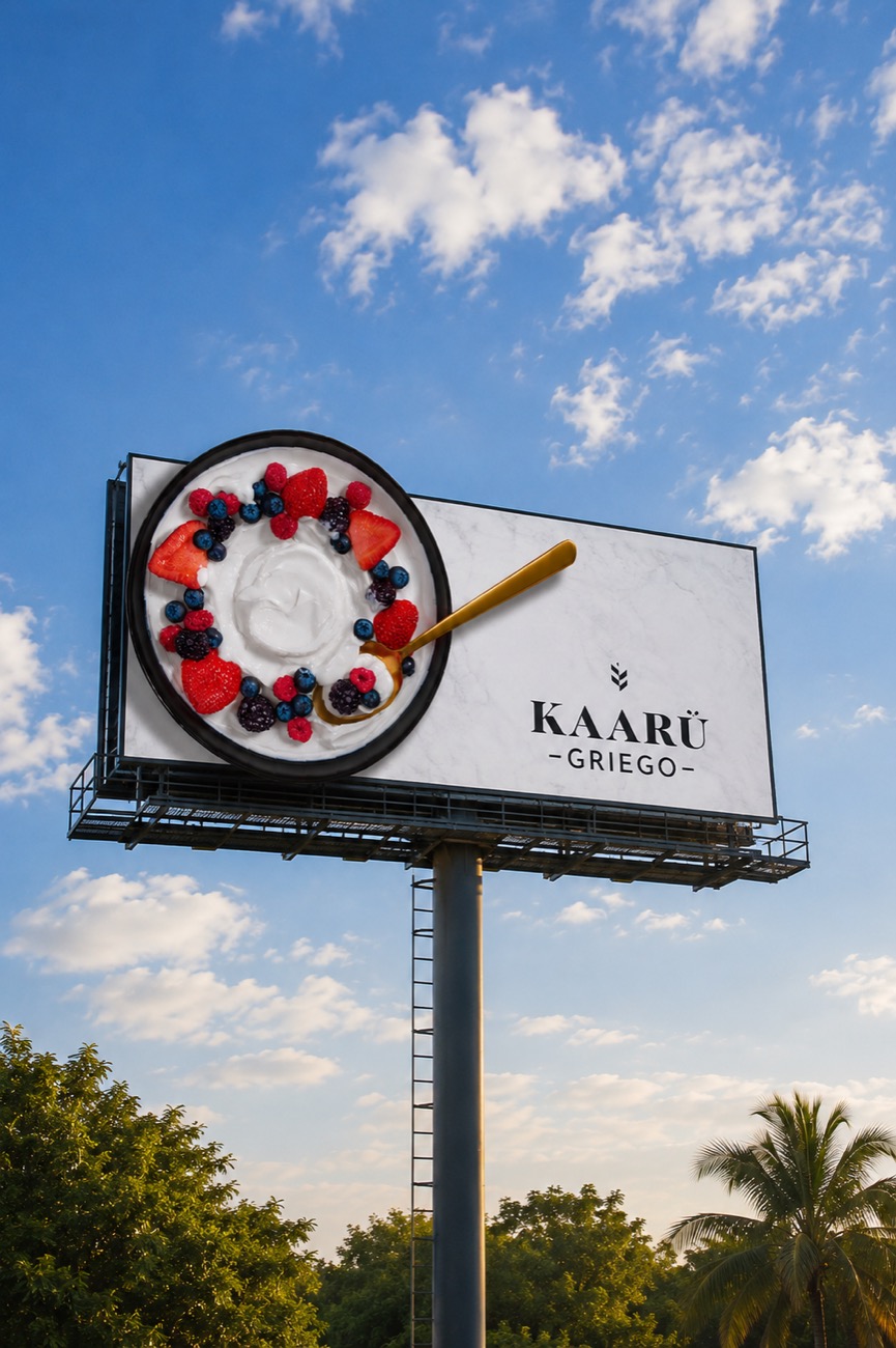Valla publicitaria de Kaarú Griego con bowl de yogur y frutos rojos
