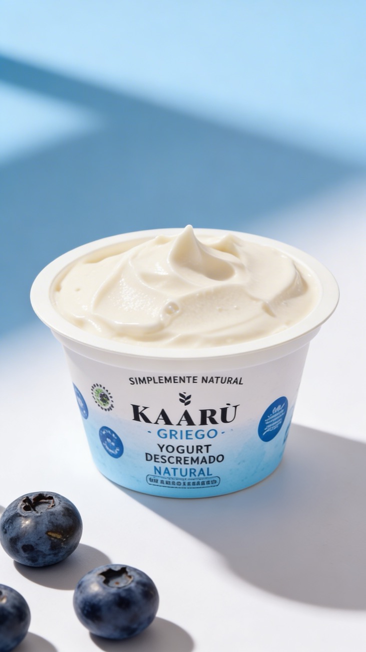 Vaso de yogur griego Kaarú con arándanos sobre fondo azul